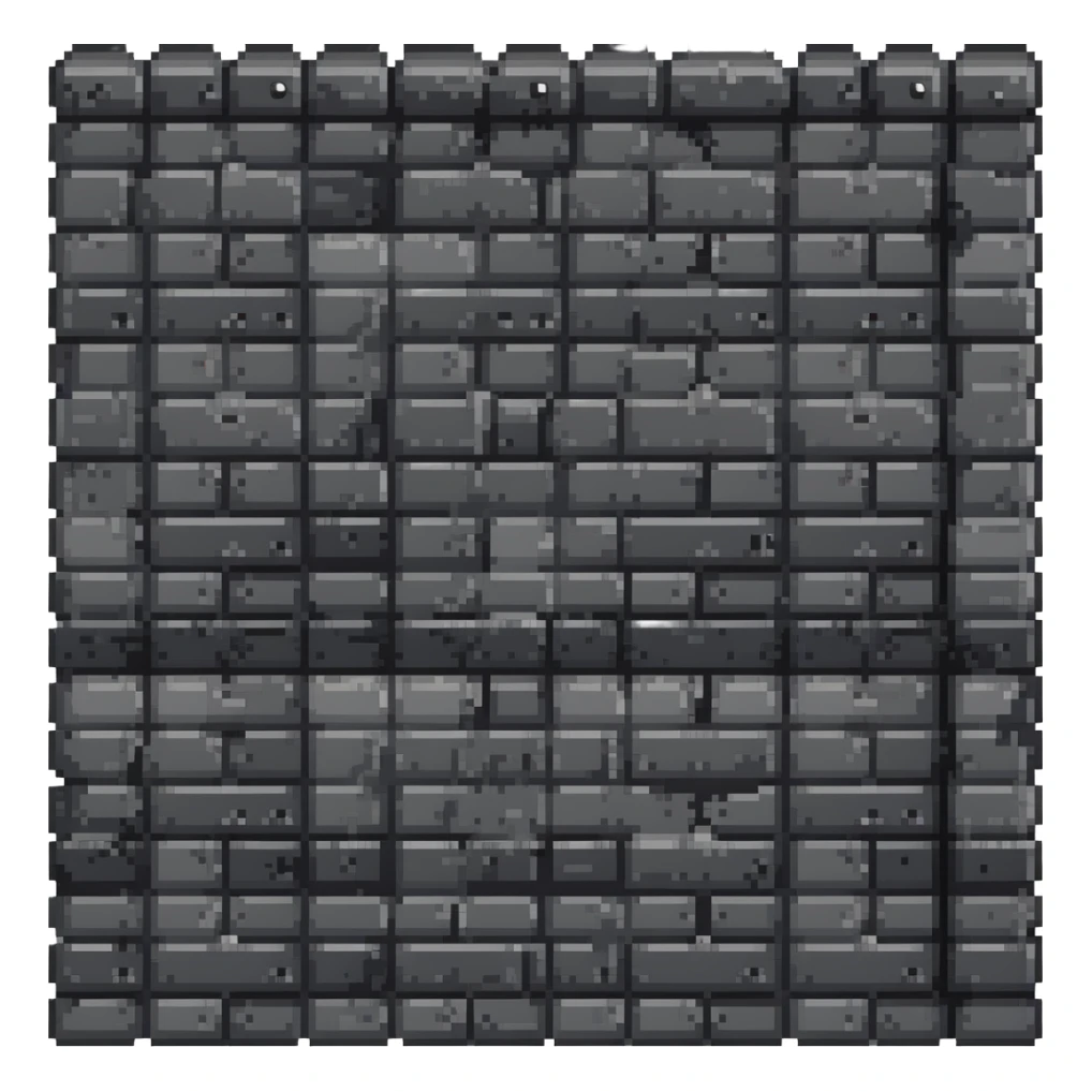 solid metal stone block wall with rivets and industrial details, very dark gray with subtle metallic highlights, 32x32 game asset background, darker version sticker