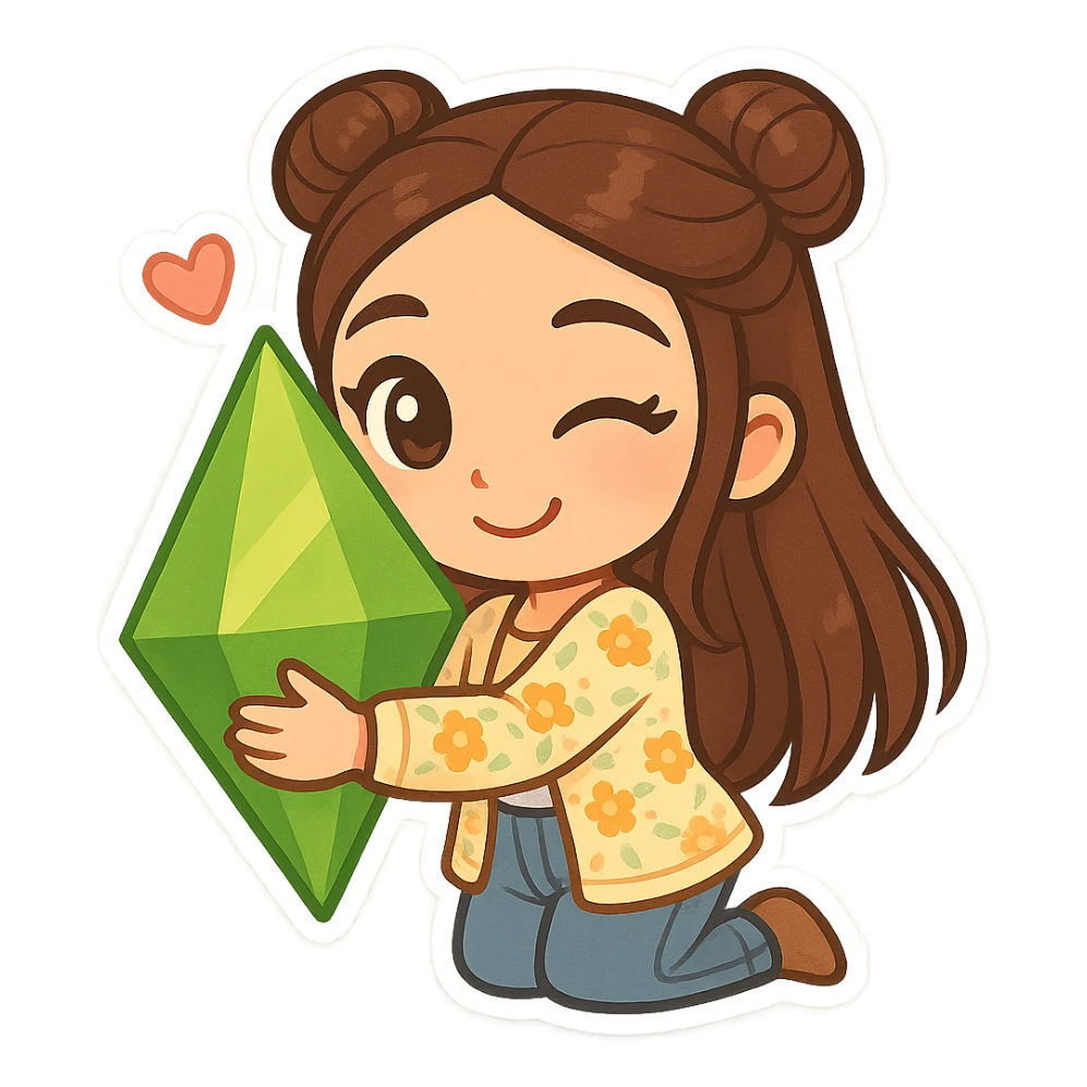 Create a chibi sticker of the girl from the reference image. She has brown straight hair styled in double buns, brown eyes, wearing a pastel floral cardigan and jeans. The pose is being flirty and hugging a plumbob. The sticker should have a white outline and a transparent background, 512x512px. sticker
