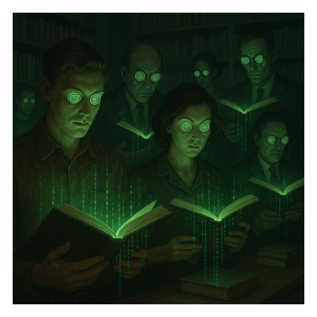 symbolic scene: people in a library, all with hypnotized eyes, reading books emitting green light and digital codes, surreal and controlled environment, 4K quality sticker