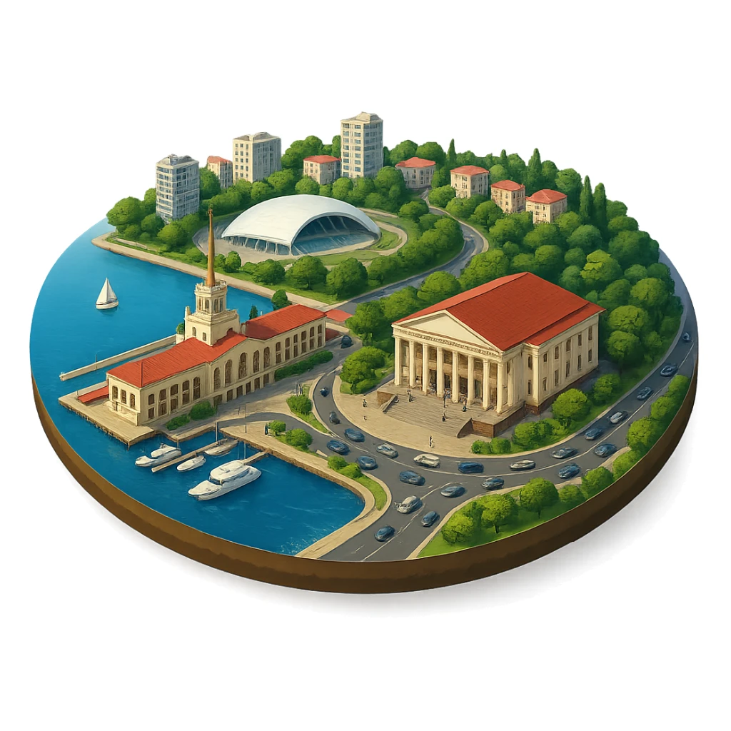 Изометричная, яркая, детализированная и фотореалистичная иллюстрация панорамы города Cочи на круглой подставке в стиле 3D-коллажей городов, ОДНО! здание Морского Порта, ОДИН! Зимний театр, ОДИН! стадион Фишт, море чёткие линии, слегка мультяшная стилистика, прозрачный фон, не обрезать края картинки sticker