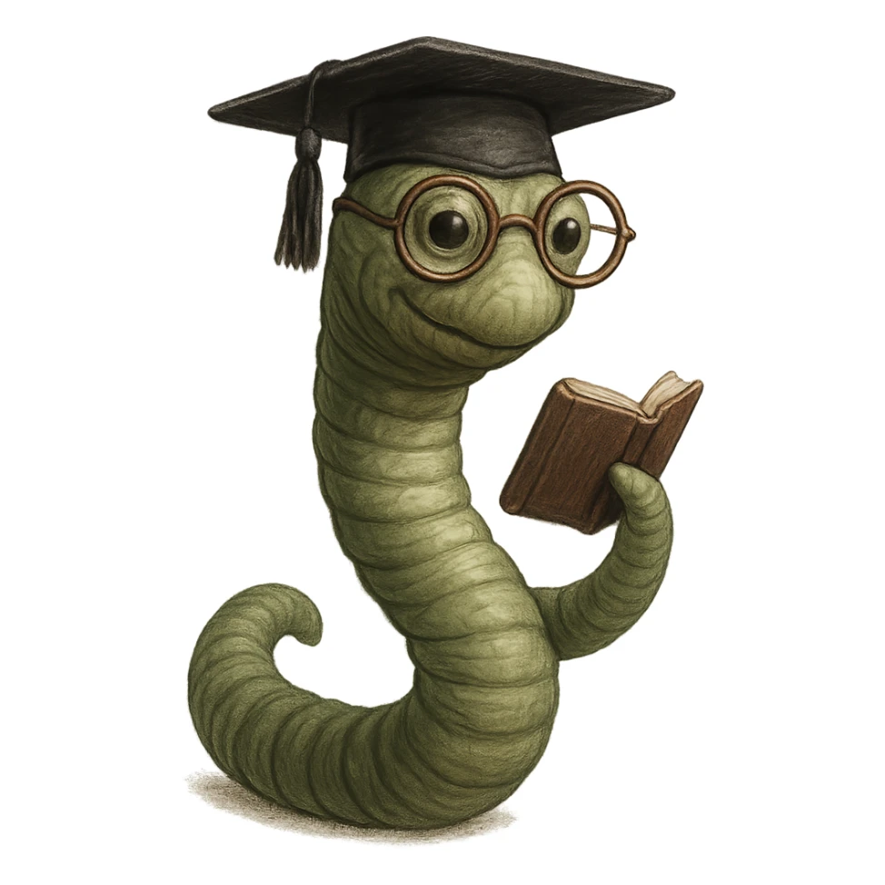 a realistic bookworm with a graduation cap, holding a small book sticker