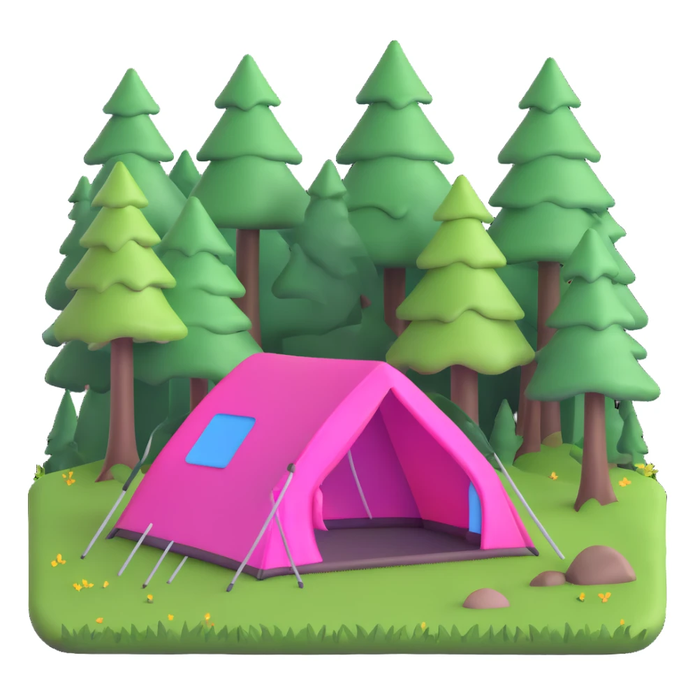 bright pink tent in a forest clearing with grass sticker