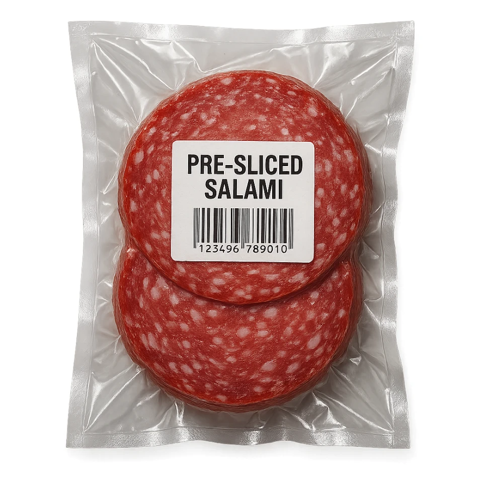 pre-sliced salami in clear vacuum-sealed plastic packaging with visible label, studio lighting, clean background sticker