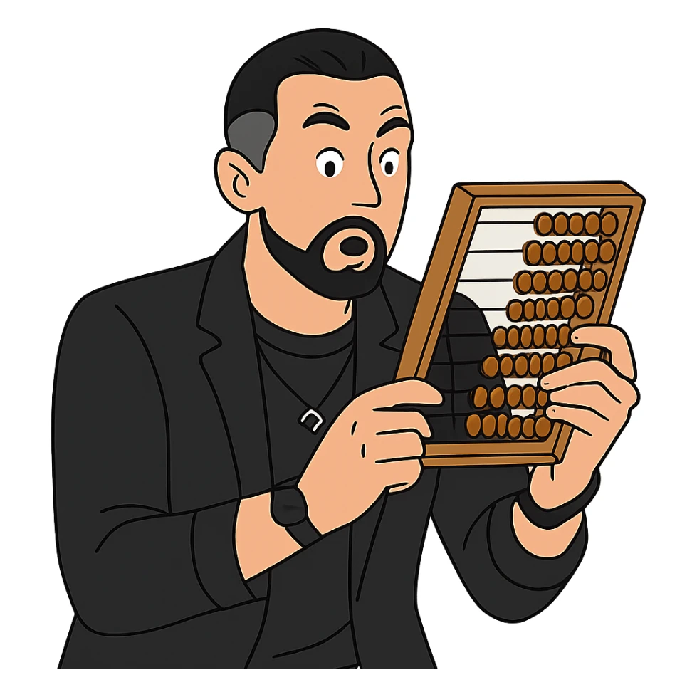 Используя такую стилистику, сгенерируй картинку, где герой удивленно держит счёты в руках и смотрит на них, прозрачный фон sticker