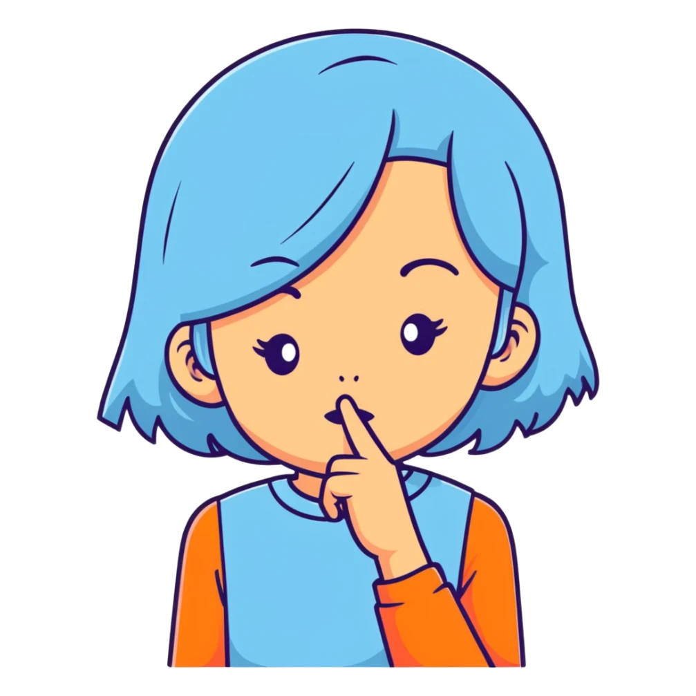 girl wearing pastel blue clothes with finger on lips making a quiet shh gesture sticker