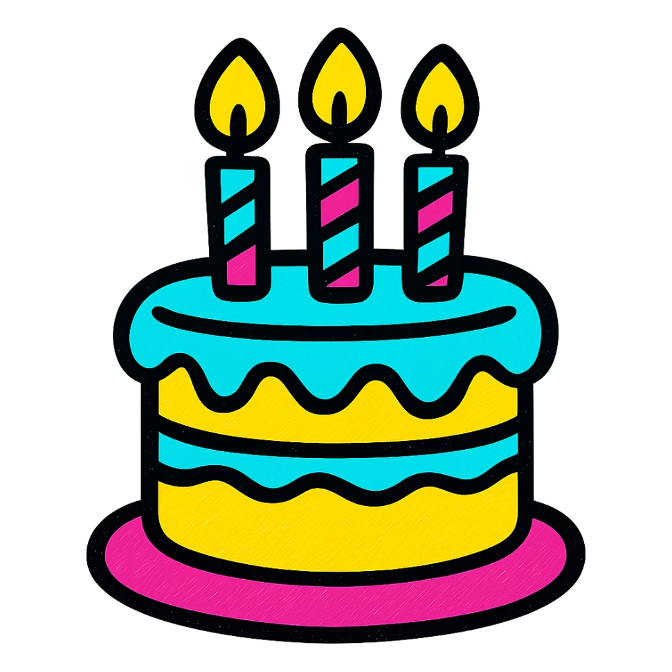 decorated cake with candles, festive and vibrant, pop colors style sticker