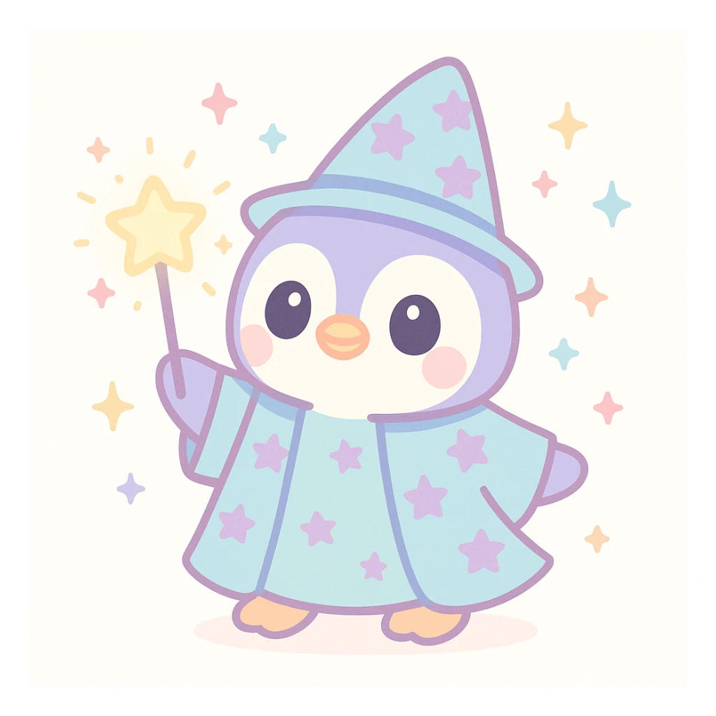 cute penguin wizard with a starry robe and a glowing wand, magical sparkles around sticker