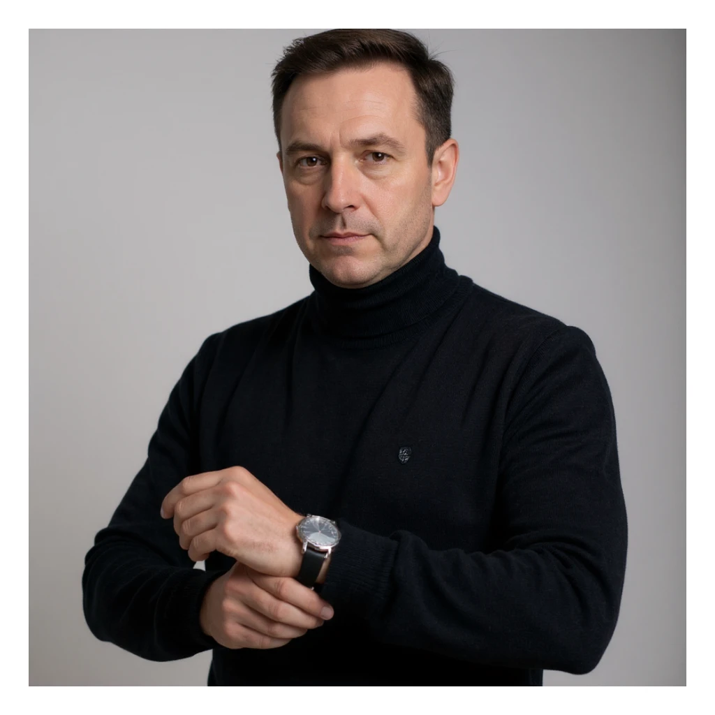 Vertical 2:3 photograph inspired by the reference image, featuring an elegant man in a black sweater, fasting theme. The man is looking at a watch to mark the start of the fast, in a minimalist environment with an atmosphere of anticipation. Realistic style, clearly conveying the concept of fasting. sticker