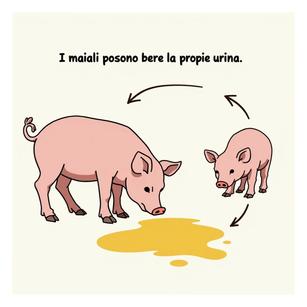 educational realistic illustration of a pig drinking from a yellow puddle, diagram with arrows indicating behavior, Italian text 'I maiali possono bere la propria urina', 4K quality sticker
