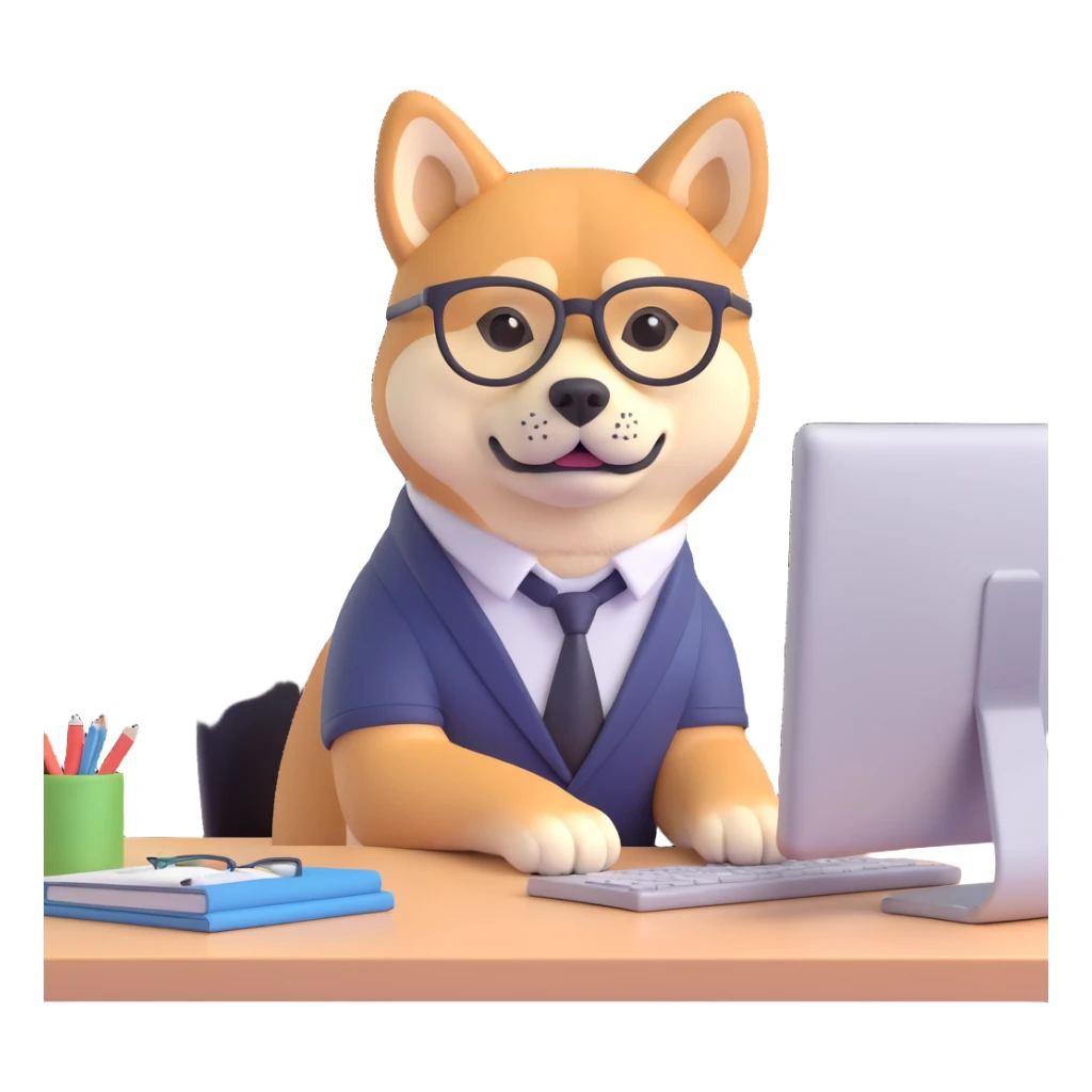shiba inu with eye glasses and computer sticker