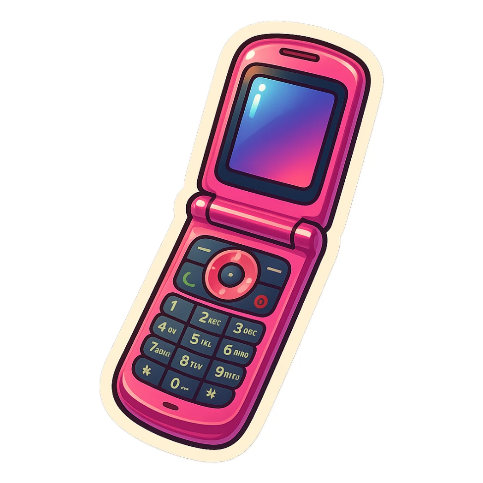 vintage pink razor flip phone, open, showing keypad and screen, retro style, shiny finish sticker