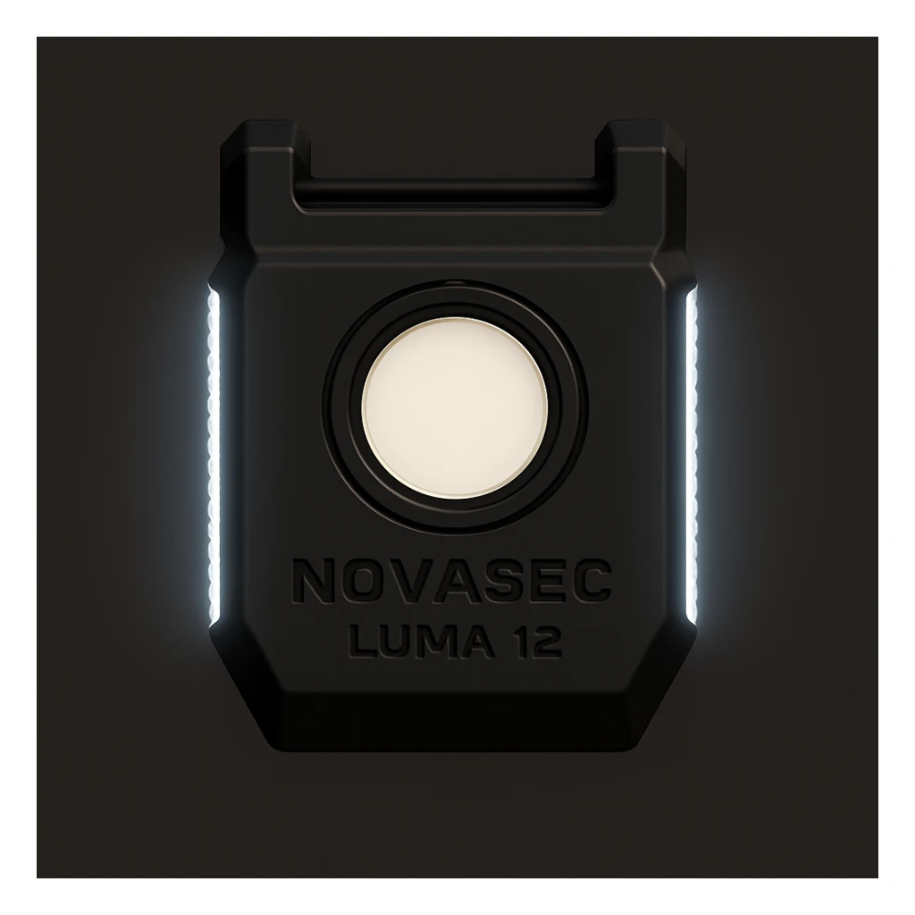 Add a thin white LED light strip along each side of the device, keeping the rest of the design unchanged. Maintain the technical, orthographic front view of the NOVASEC LUMA 12 underbarrel attachment in a detailed, technical style. sticker