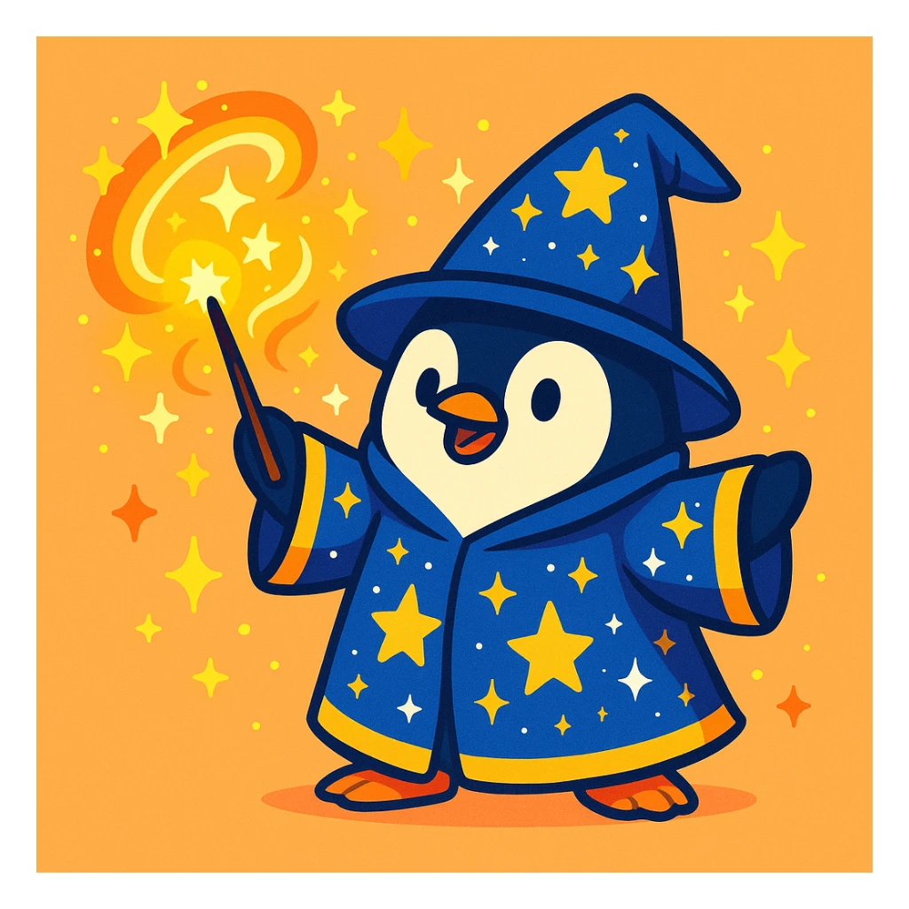 a penguin wizard casting a spell, with sparkles and a starry robe, cute cartoon style sticker
