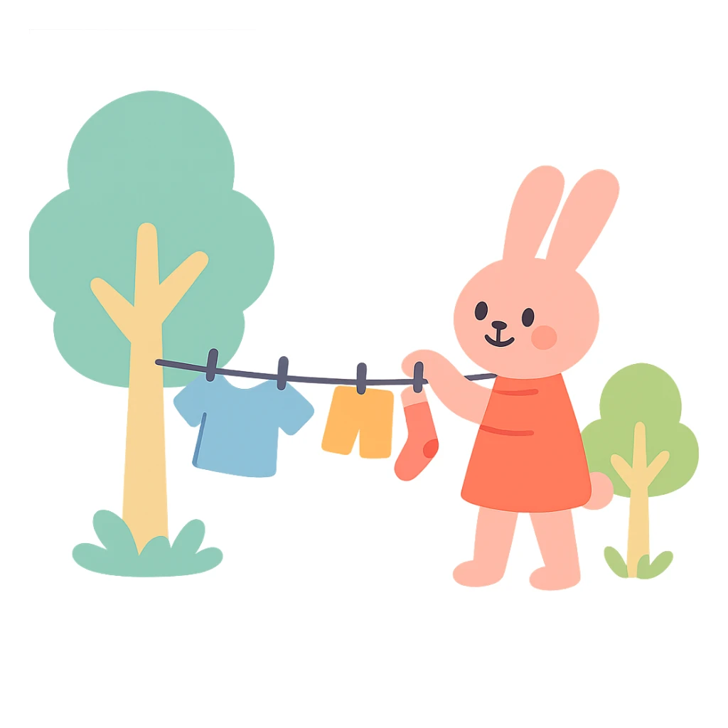 bunny hanging laundry between trees, calming domestic forest feel, soft pastel colors, pastel-toon style sticker