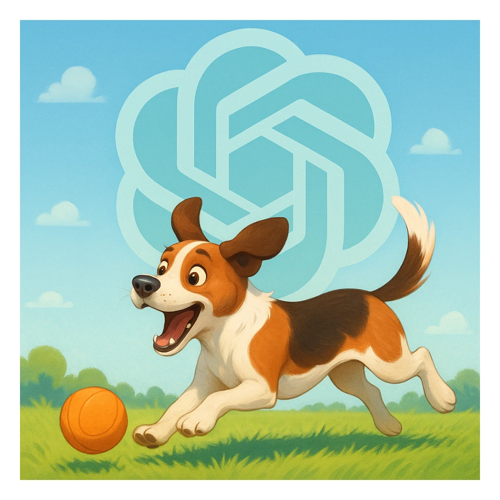 gpt image logo on the background of a dog chasing ball sticker