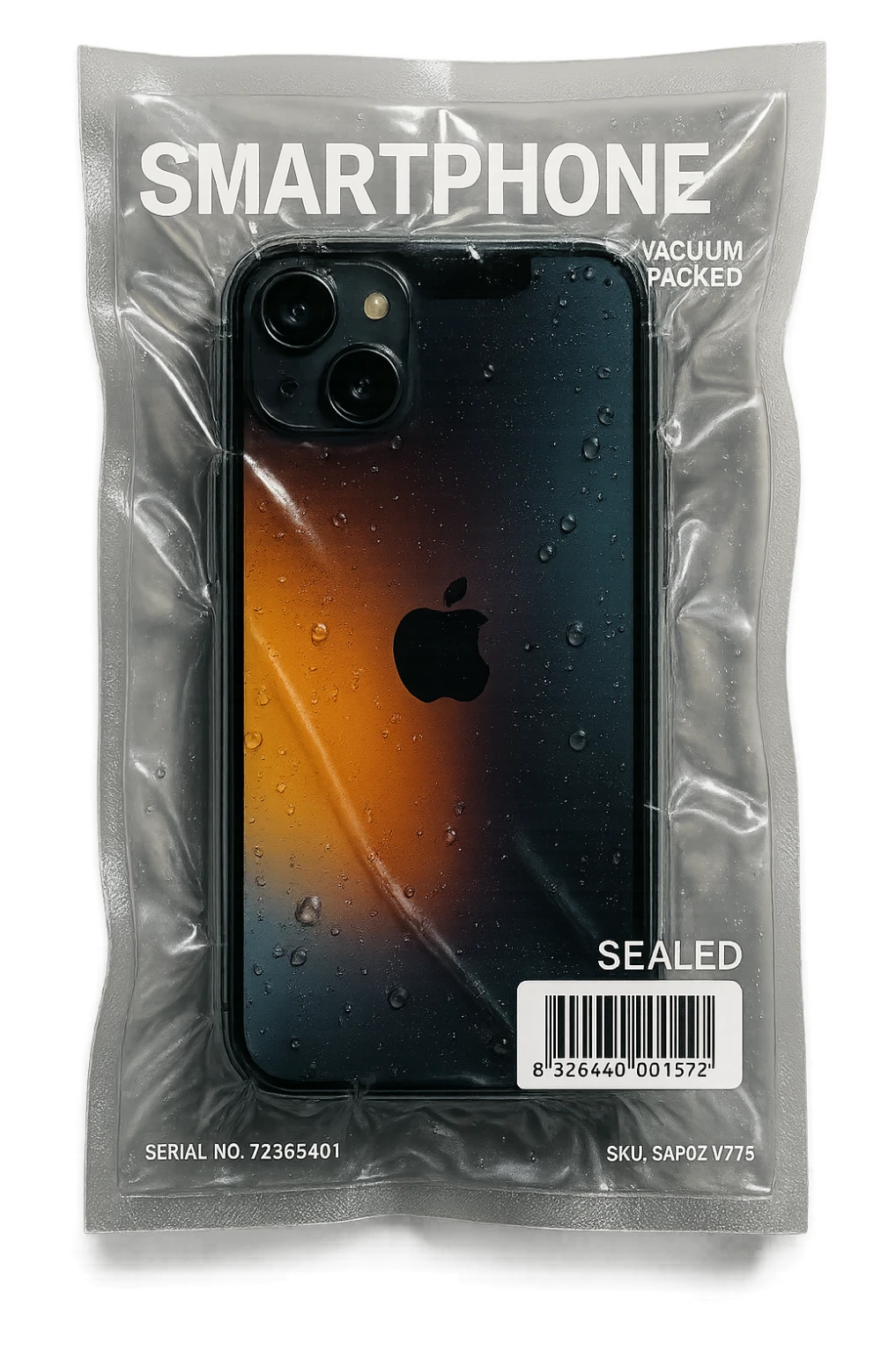 vacuum-sealed smartphone, tightly wrapped in glossy plastic sticker