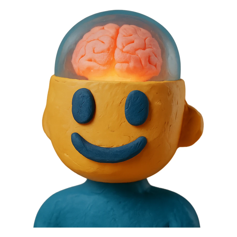 AI emoji with a transparent head showing a glowing brain sticker