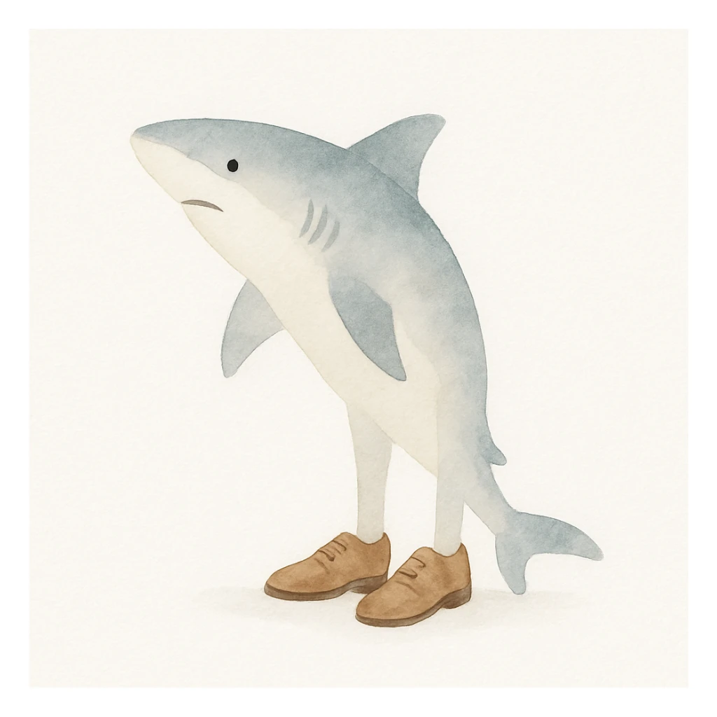 realistic shark wearing shoes, artistic watercolor style sticker
