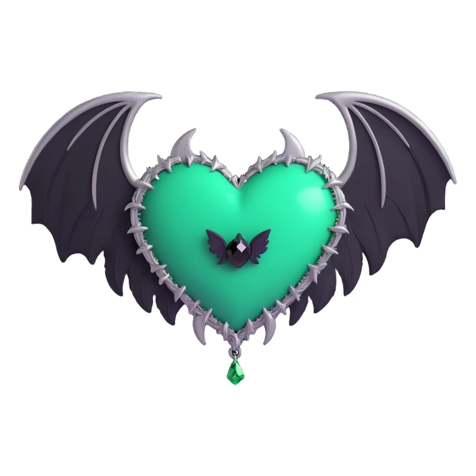 3D emoji gothic heart, emerald green crystal texture, silver bat wings, feather accents, lush and gothic style sticker