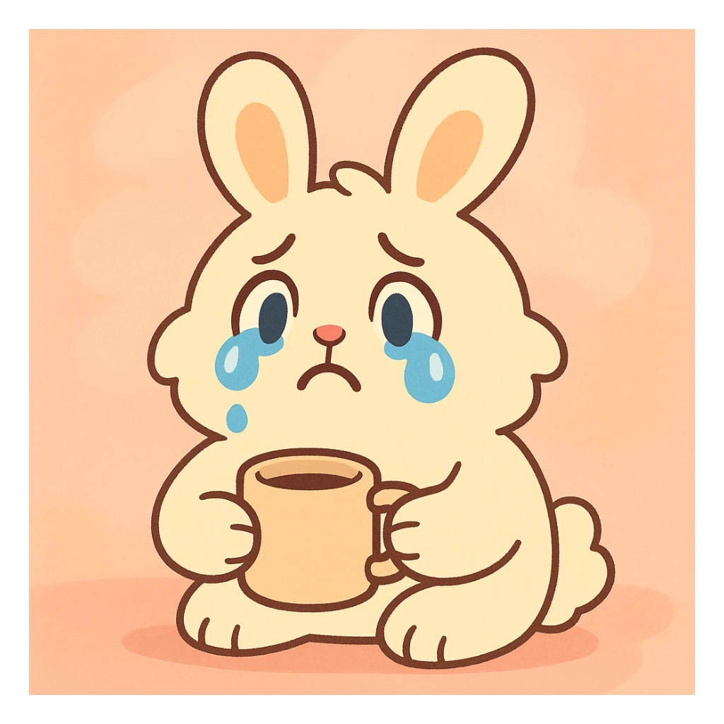 fluffy cream bunny with teardrop eyes holding a coffee mug, cozy soft background, pastel toon style sticker