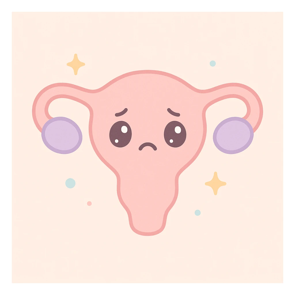 a sad uterus, anthropomorphic with expressive sad face, soft pastel colors, gentle background, approachable and empathetic style sticker