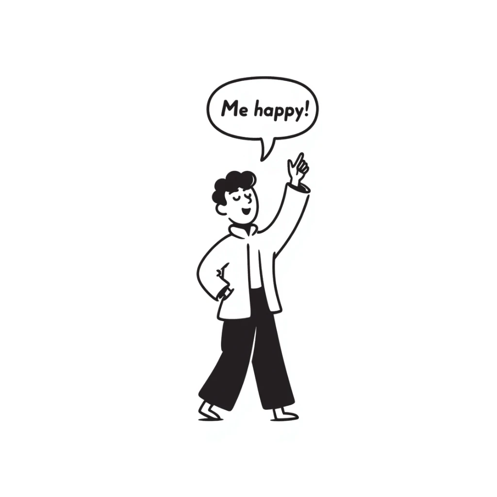 white man character with mouth open, speech bubble with 'me happy' sticker