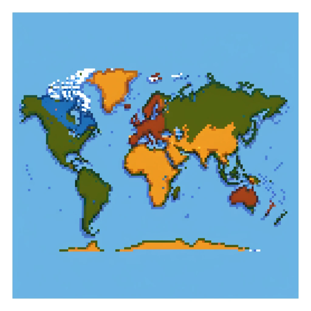 pixel art world map with a dotted route line showing travel path sticker