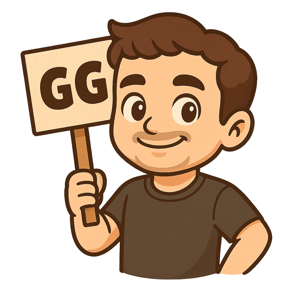 Edit the man from the first image to hold a sign that says 'GG', matching the cartoon style and pose similar to the second image. Keep the background transparent. sticker