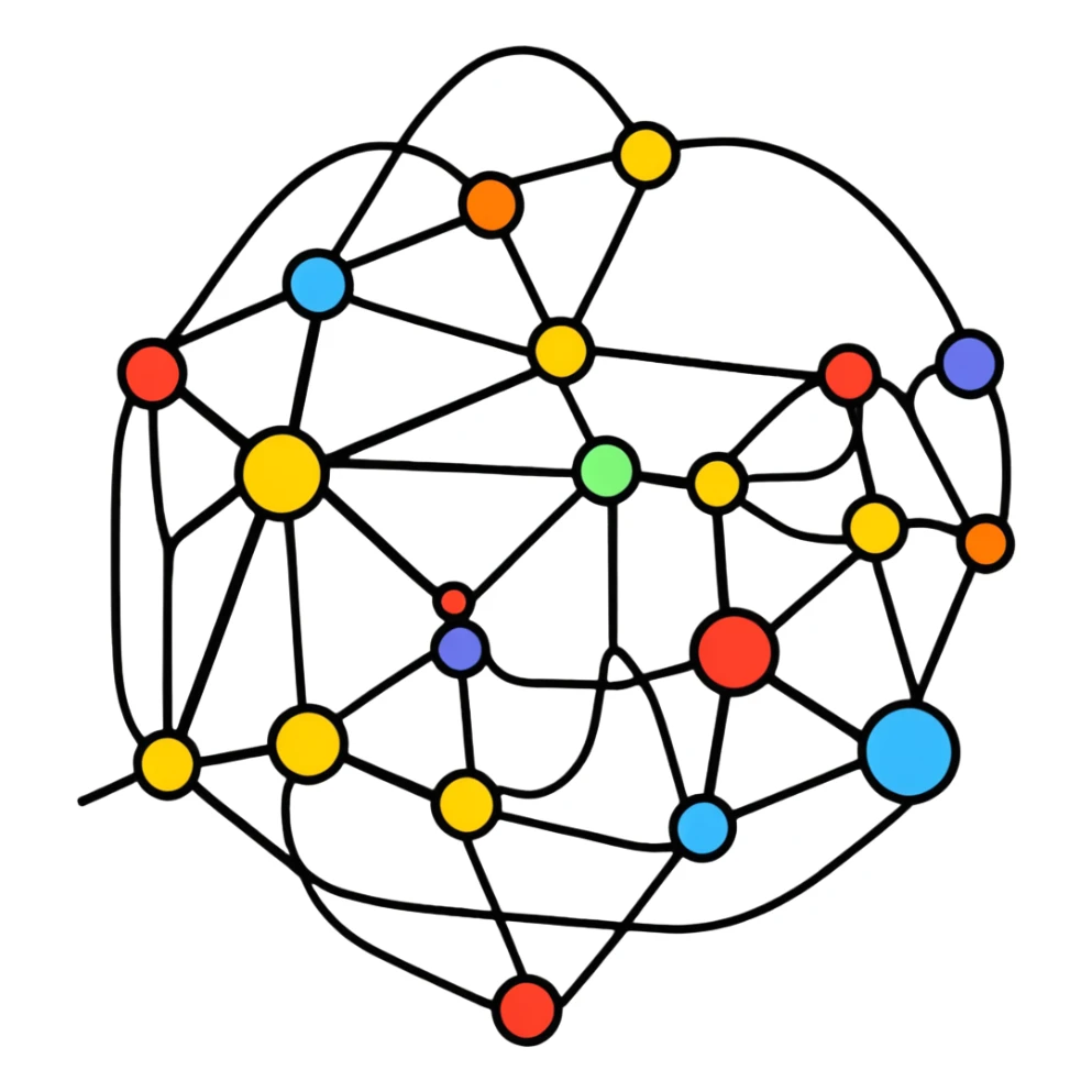 neural network diagram with connected nodes and edges, bright colors, simple design for telegram sticker