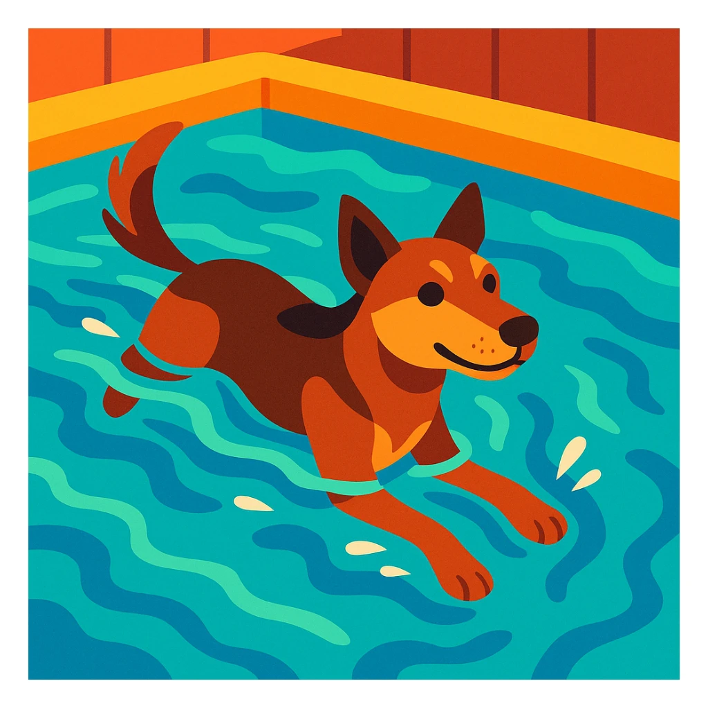 indie dog swimming in a pool, playful, vibrant colors sticker