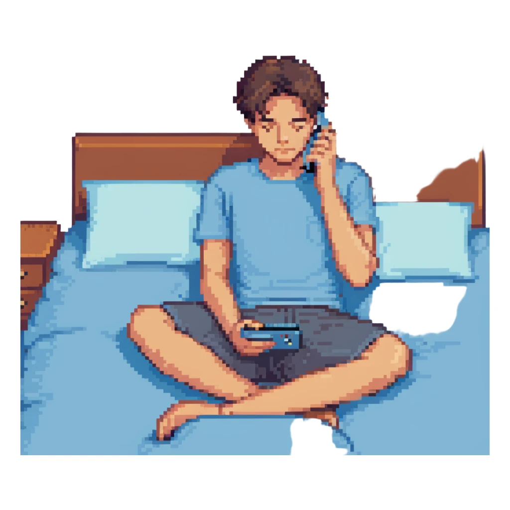 boy in a blue bed, on his phone, wearing a light blue t-shirt sticker