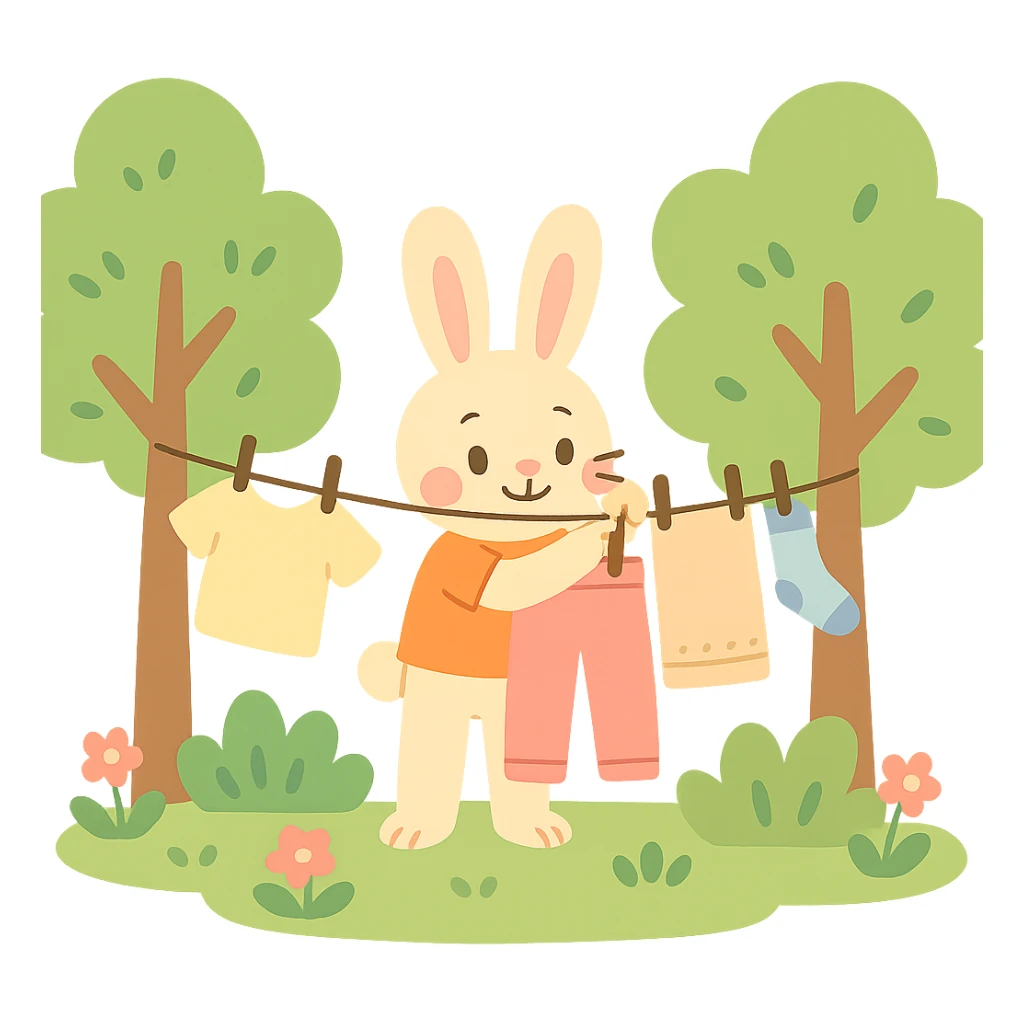 bunny hanging laundry between trees, calming domestic forest feel, soft pastel colors sticker