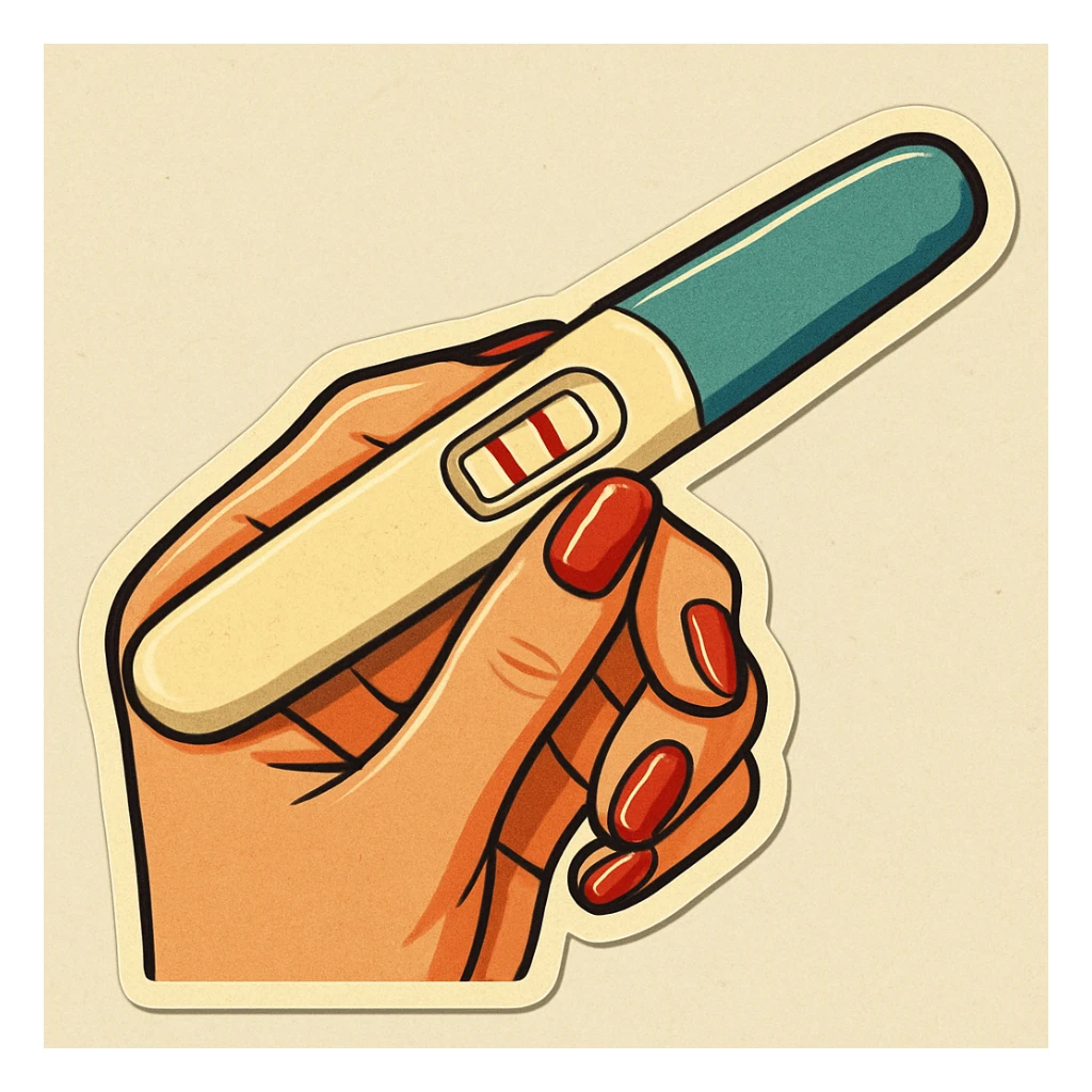 Positive pregnancy test with two lines, held in a neat feminine hand with manicure, pen style as in the second previous variant, retro stickers style, test slightly longer, soft rounded shapes, expressive contours, vintage color palette, light paper texture, shadows and highlights, transparent background. sticker