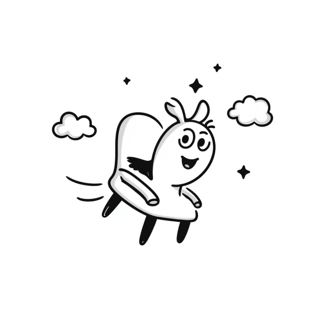 Hand-drawn flying chair with googly eyes and a happy expression, soaring through the sky sticker