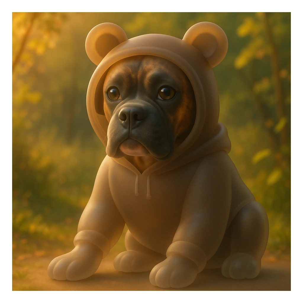 Convertir este bóxer atigrado en estilo Matte Glass, sentado, mirada tierna, usando un buzo con capucha de orejas de osito color marrón chocolate, iluminación golden hour, entorno natural con follaje sticker