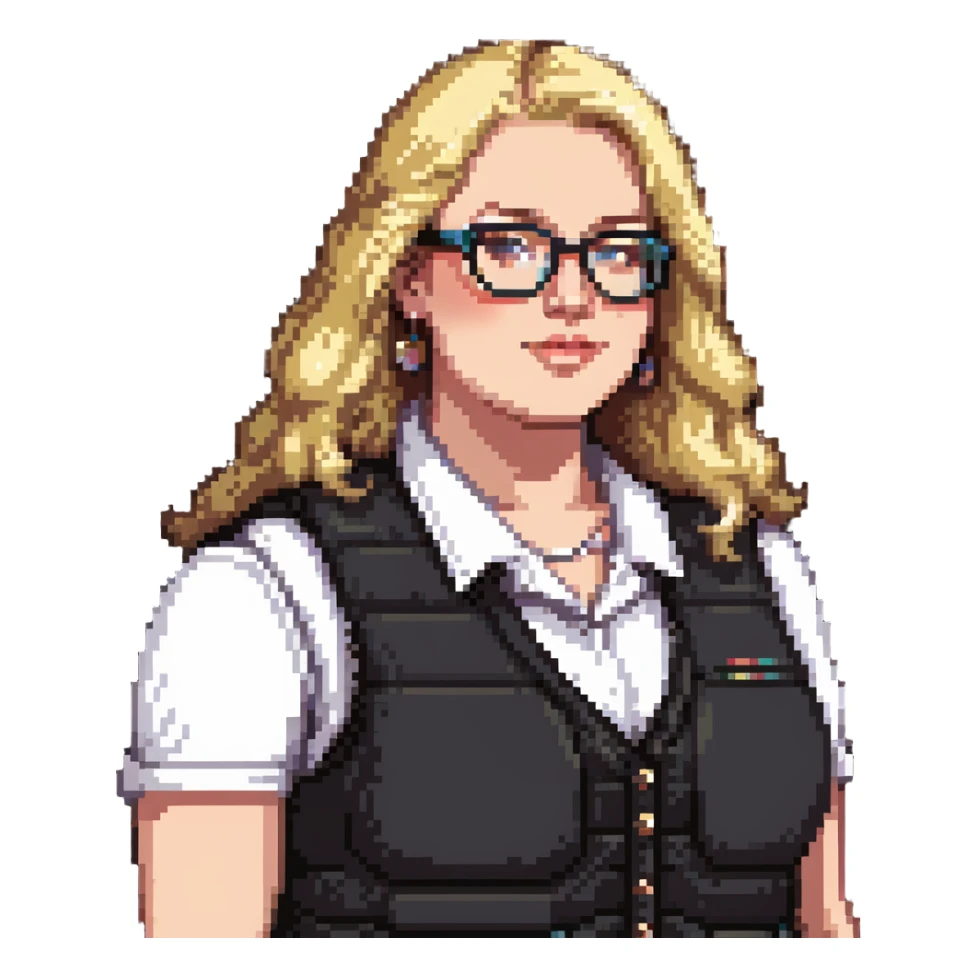 Plus size blonde person wearing glasses and a vest sticker
