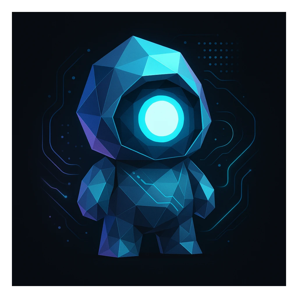 minimal abstract mascot with a single glowing eye, polygonal shapes and subtle holographic highlights, futuristic tech details like digital dots and flowing neon lines, neon blue cyan and purple palette on black, creative tech portfolio sticker