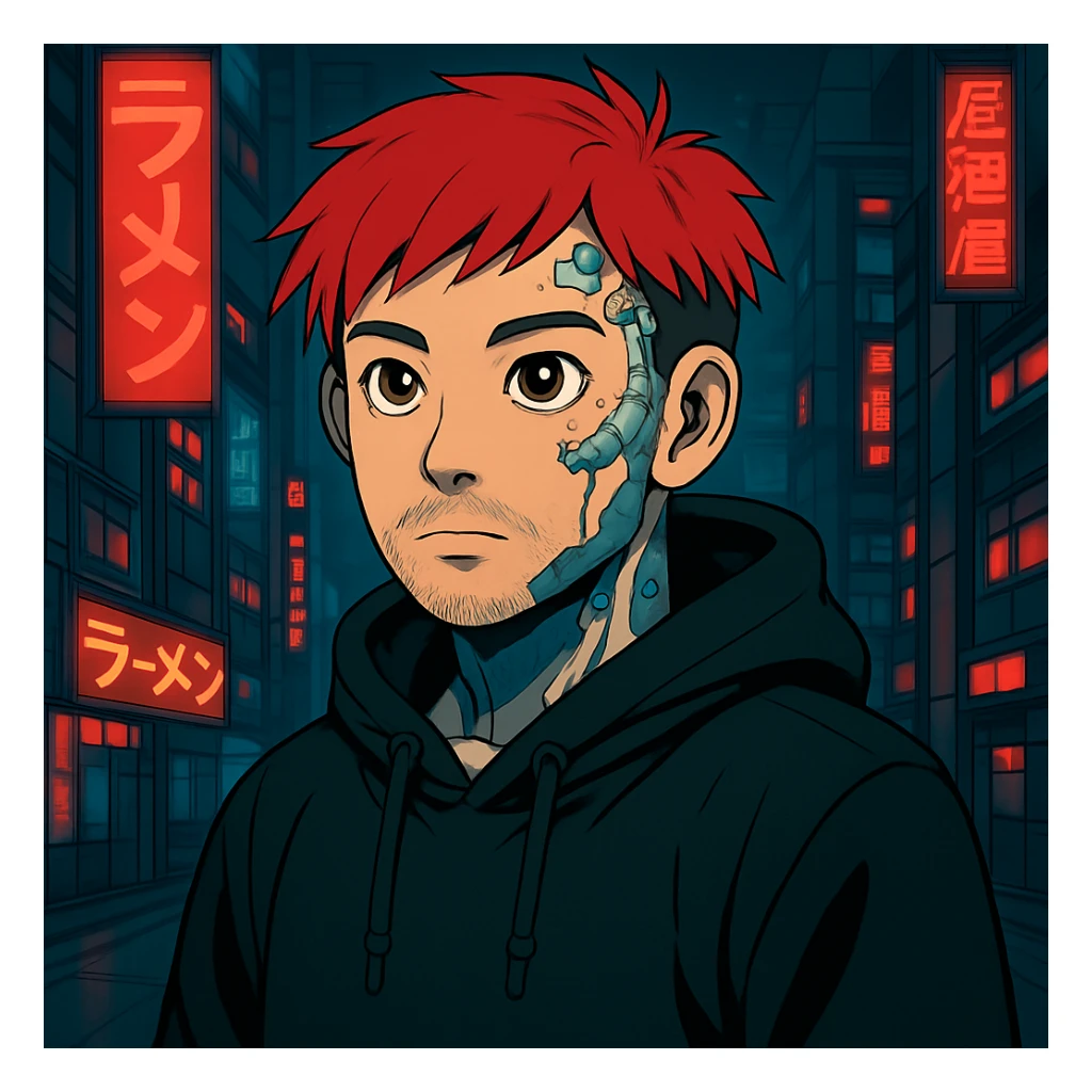 Add cybernetic implants to the Asian man, make the eyes a bit bigger, keep round face, less mustache, a bit of beard, red hair, black hoodie, Japanese cyberpunk anime style, futuristic city background sticker