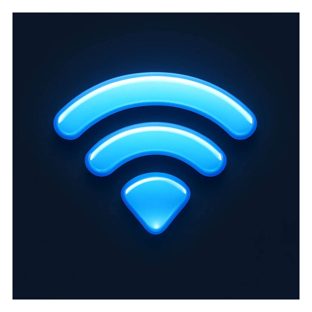 Create a wifi symbol emoji exactly like the reference image in iOS emoji style. Match the same shape, color, and glow effect, ensuring it is smooth and shiny. Add a subtle highlight to the emoji. sticker