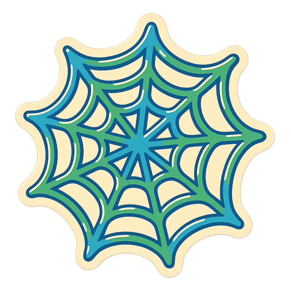 playful dimensional spider web with alternating blue and green outlines, no gradient, expressive shadows and highlights, transparent spaces between the web strands, clean and bold, no background fill sticker