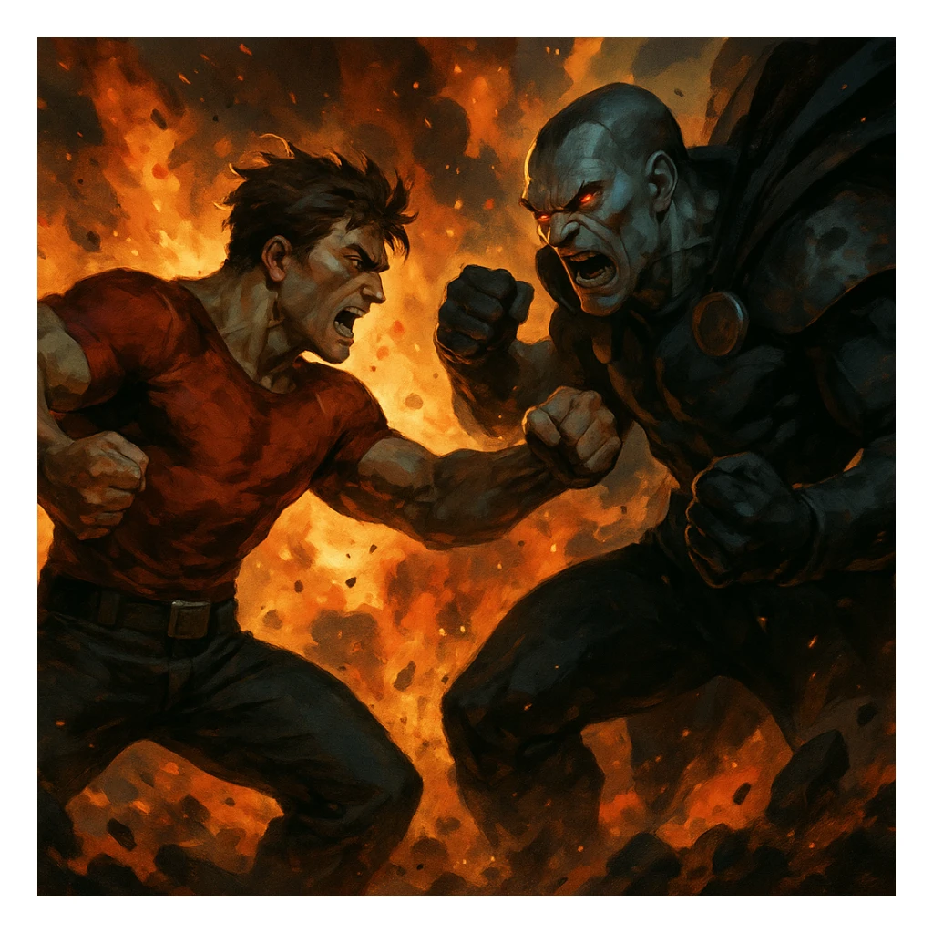 angry fight final battle, one hero facing a villain, explosive action, dynamic pose sticker