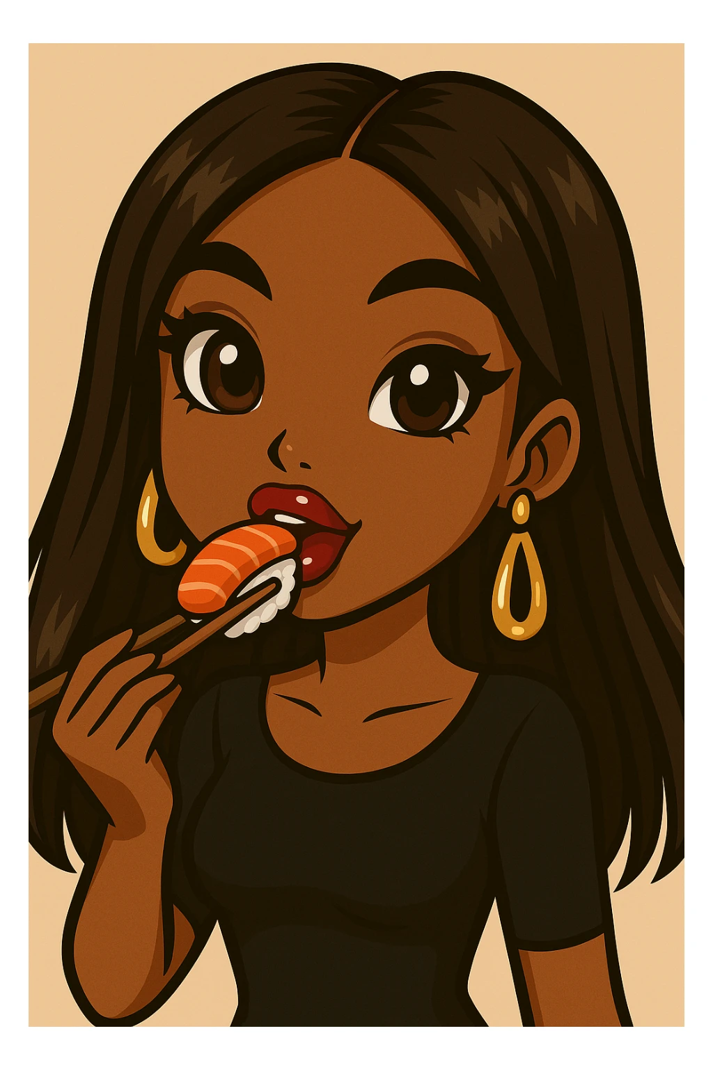 Change her pose to eating sushi with chopsticks, headshot only, 20-year-old anime Bratz style woman with dark skin, straight hair, trendy outfit, big expressive eyes, glossy lips, no hat, no tears, happy expression, both eyes open, looking straight ahead. sticker