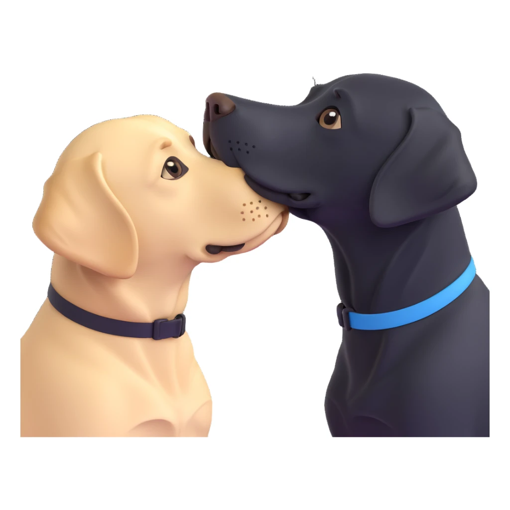 a black Labrador retriever and a blonde Labrador retriever, sitting close together, touching noses as if kissing, 3D emoji style sticker