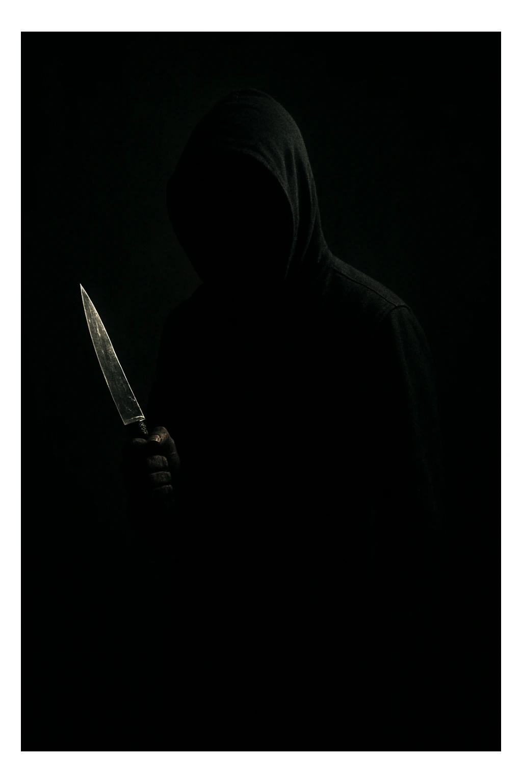 a shadowy figure with a glinting knife, mysterious and ominous, thriller style sticker
