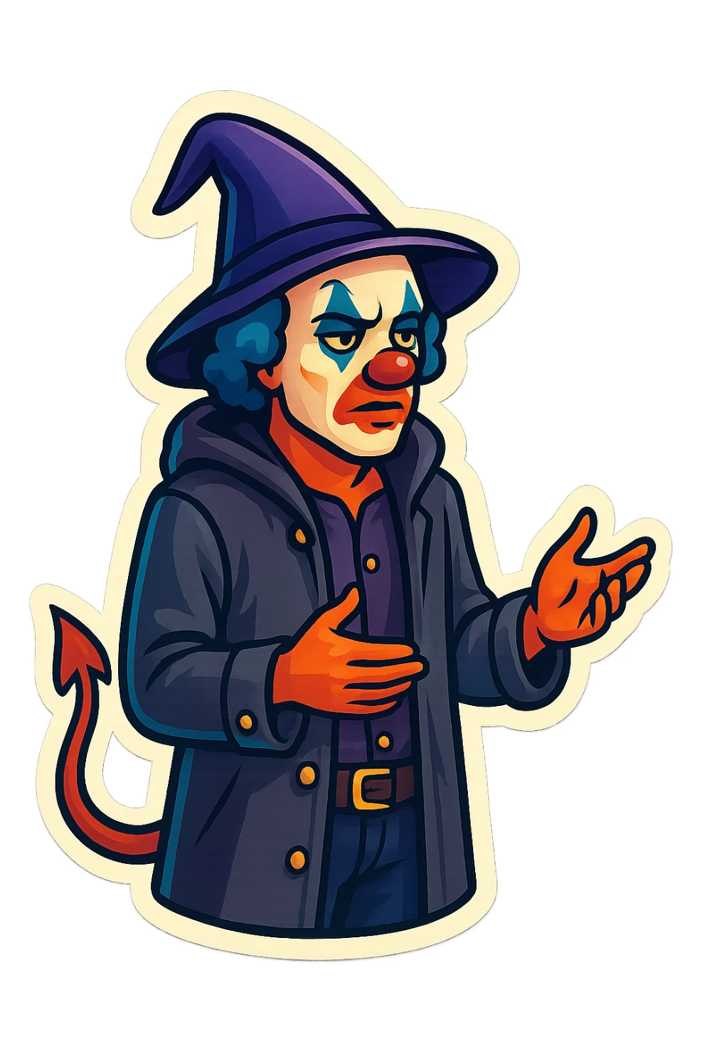 evil clown wizard in a 3/4 length unbuttoned coat with a hood, calm and serious, gesturing with hands while speaking, no pentagram, no robe, no spells, visible tail sticker