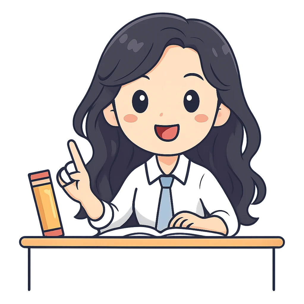 Make her hair longer, keep black wavy hair, no glasses, teaching and talking. Preserve transparent background. Maintain the original style and look of the image. sticker