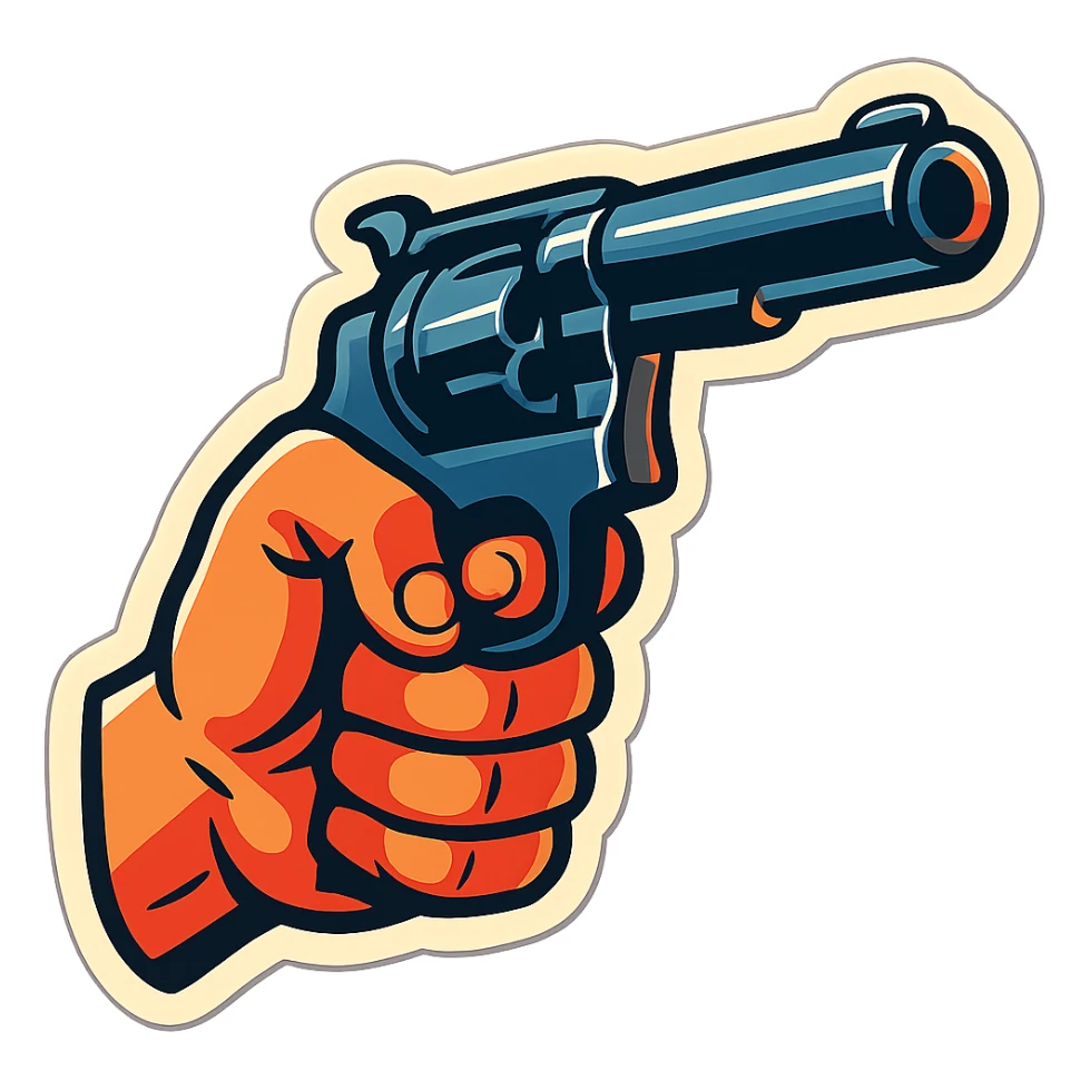 male hand holding a revolver, retro stickers style, sharp black outlines, expressive shadows and highlights, no gradients, only sharp color transitions sticker