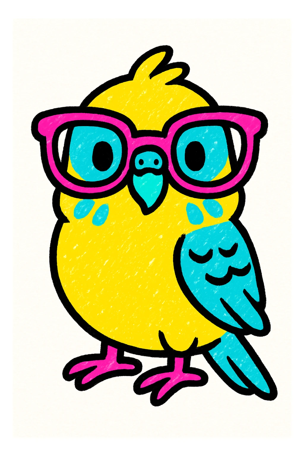 a playful budgie with oversized glasses, colorful style, vibrant and fun sticker