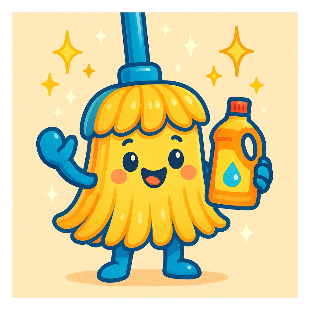 A cheerful mop character holding a bottle of cleaning syrup, with sparkles around, in a cute, colorful style sticker