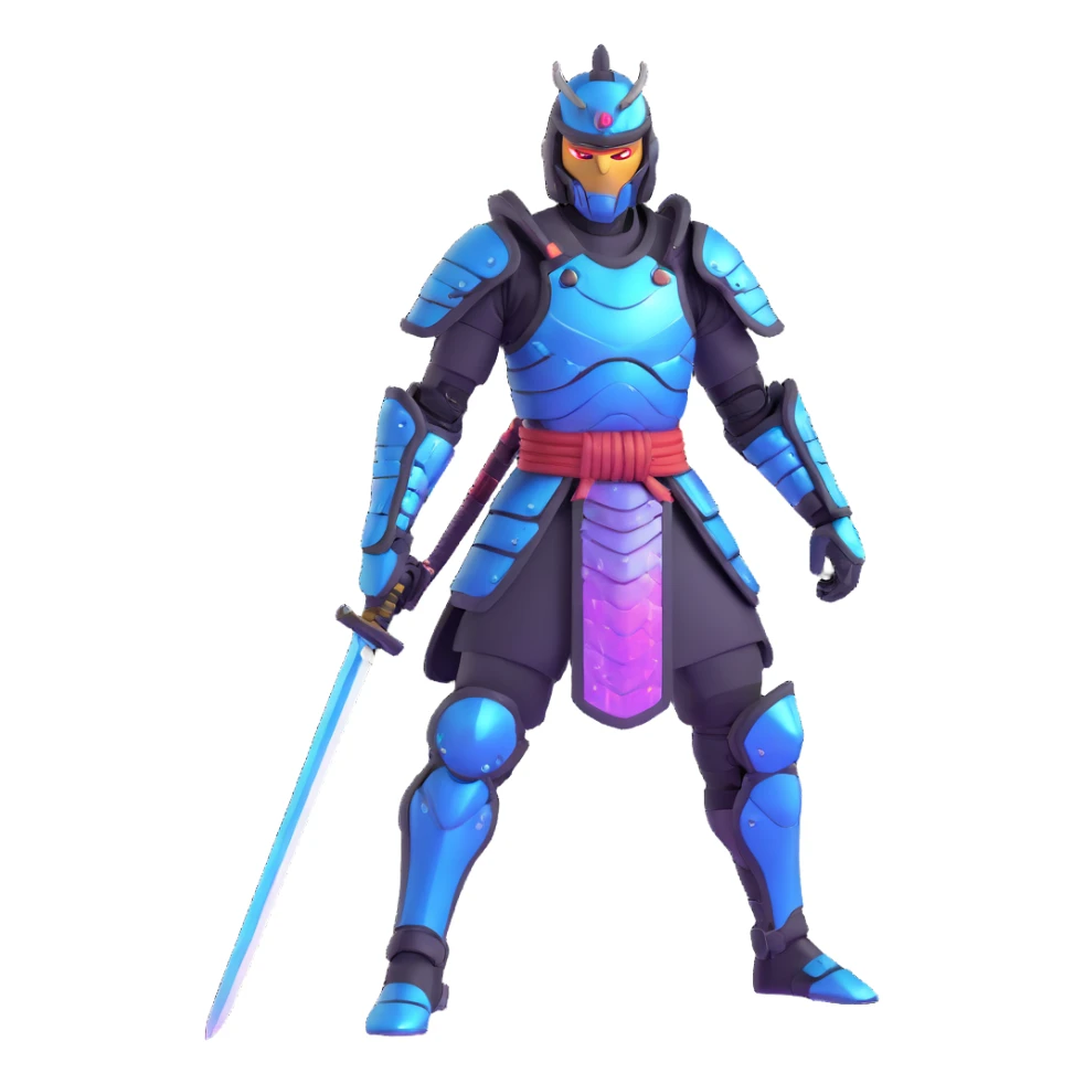 cyborg male samurai in neon cyberpunk environment with holographic armor sticker